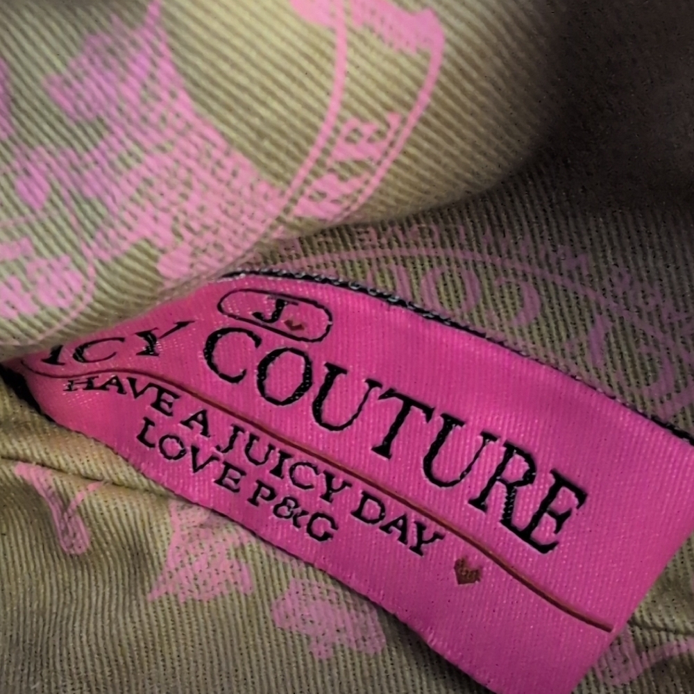 Juicy Couture Olive Velvet Velour Pink Trim Barrel Bag Clutch M550 - Picture 5 of 10